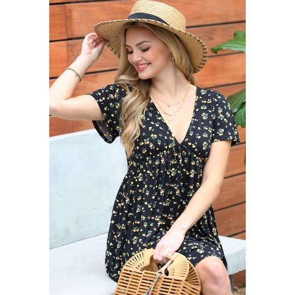 NWT BLACK FLORAL DEEP V NECK A LINE MINI DRESS - L - Picture 2 of 9